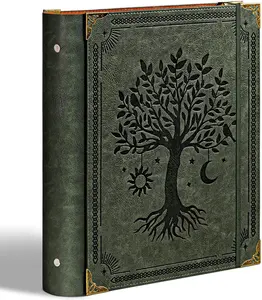 Leather 3 Ring Binder Fits 8.5"x11" Letter Size Paper, 2 Inch Round Ring Binder Holds 500 Sheets, Notepad Paper Cover Loose Leaf Organizer, Green Tree