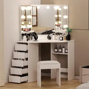 White Corner Vanity Desk Set with 3 Folding Mirrors 5 Rotating Drawers Storage Bench Charging Station Makeup Dressing Table Organizer for Bedroom Dorm Beauty Room