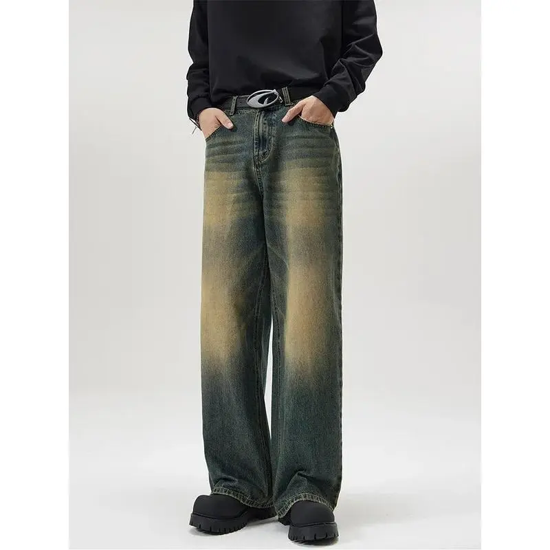Men's Mid-Waisted Vintage Distressed Plain Loose Straight Cotton Denim Jeans - Korean High Street Streetwear Pants with Polyester Blend
