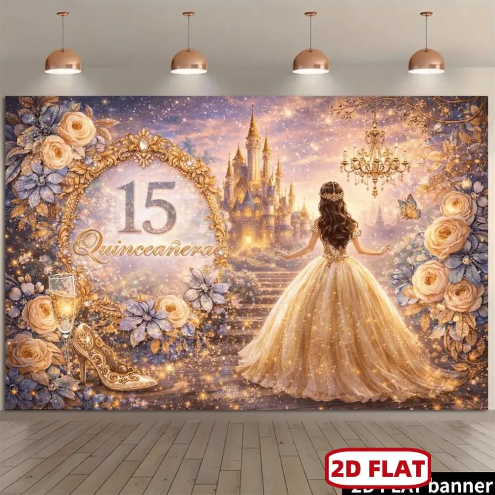 Soft Quinceañera 15th Birthday Photo Backdrop Cloth - Glam Golden 15 Number, Ornate Floral Look Castle, Crystal Chandelier Ornaments, No Power Needed, Indoor/Outdoor Party Decorations Banners, Durable Textile Backdrop