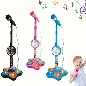 Kids Microphone with Adjustable, Extendable Stand, Portable Karaoke Singing Mic, Blue, Includes Cable, Stage-Light Base with Flashing Lights, for Kids Ages 3–6
