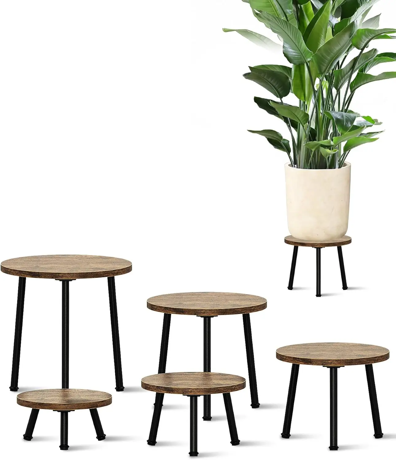 Bamworld 2/3/5 Pack Wooden Plant Stool , Round Plant Stand Riser  8.3/9/9.8/10.6/11.8in Heavy Duty Plant Holder Indoor Outdoor Decor Plant Support for Balcony Patio Garden Living Room