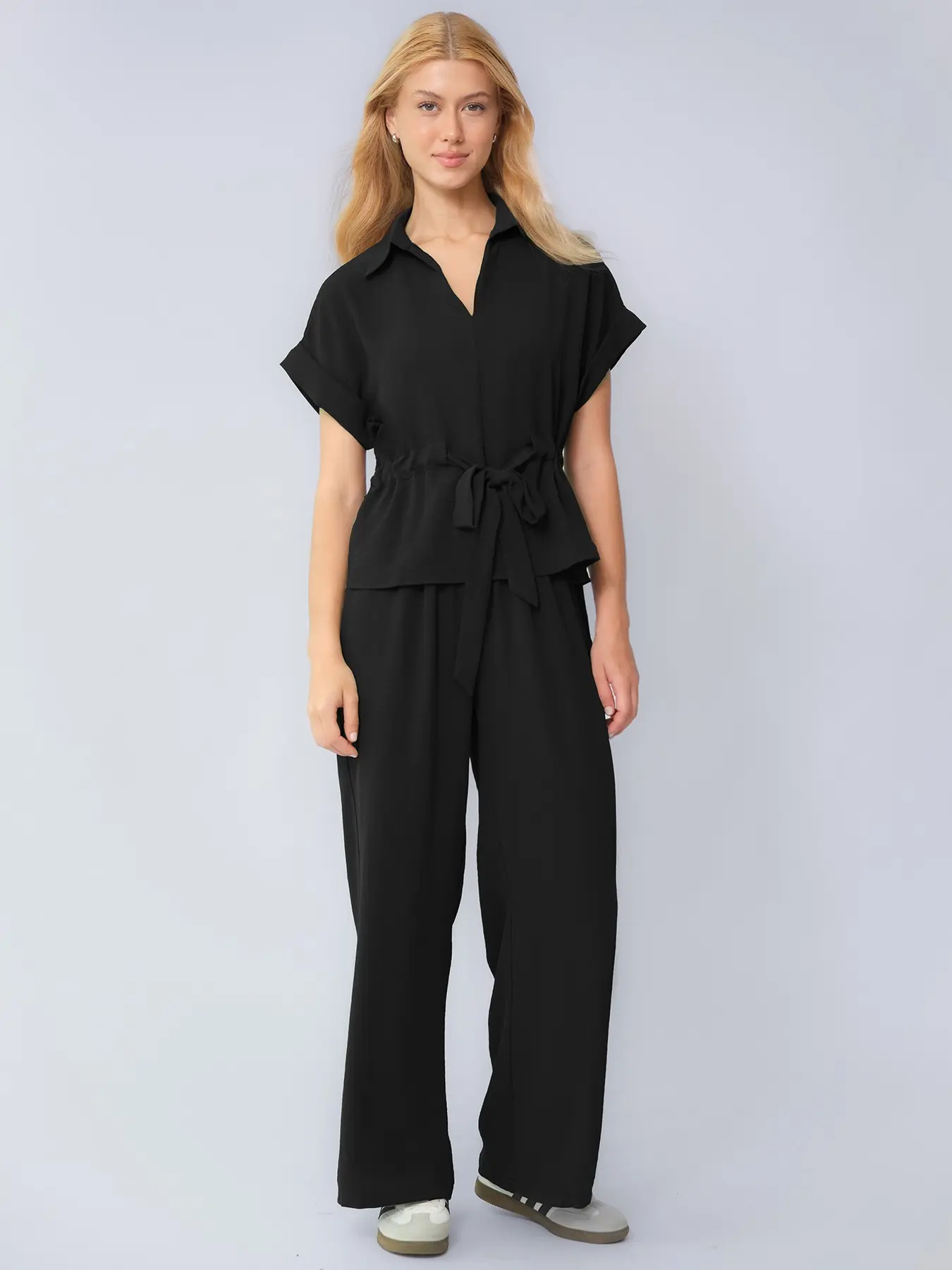 Women's Casual Basic Everyday Collared Rolled-Up Short-Sleeve Top & Wide-Leg Trousers Co-ord, Skin-Friendly Waist-Tie Two-Piece Set for Spring & Summer, Minimalist