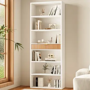 72" Tall Bookshelf with Fluted Drawer, 6-Tier Modern Bookcase and Storage Drawer, Display Shelves with Anti-Tip Kit for Living Room, Bedroom, and Home Office Decor