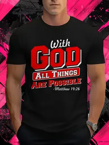 Men's Christian Bible Verse T-Shirt - Matthew 26:11 "with God All Things Possible" Verse, Black & Red Round Neck Casual Tee Suitable for Church, Church Apparel, Faith-Based Gift, Durable Comfortable Wear for Everyday & Religious Events, PLUS SIZE