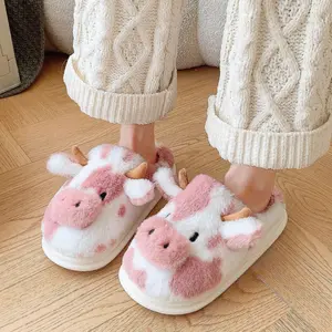 Women's Cow Slippers, Adorable Kawaii Furry Shoes, Soft and Warm Sole, Non-Slip, Lightweight, Comfortable for Winter, Cozy Furry Animal Slippers, Cute Slippers
