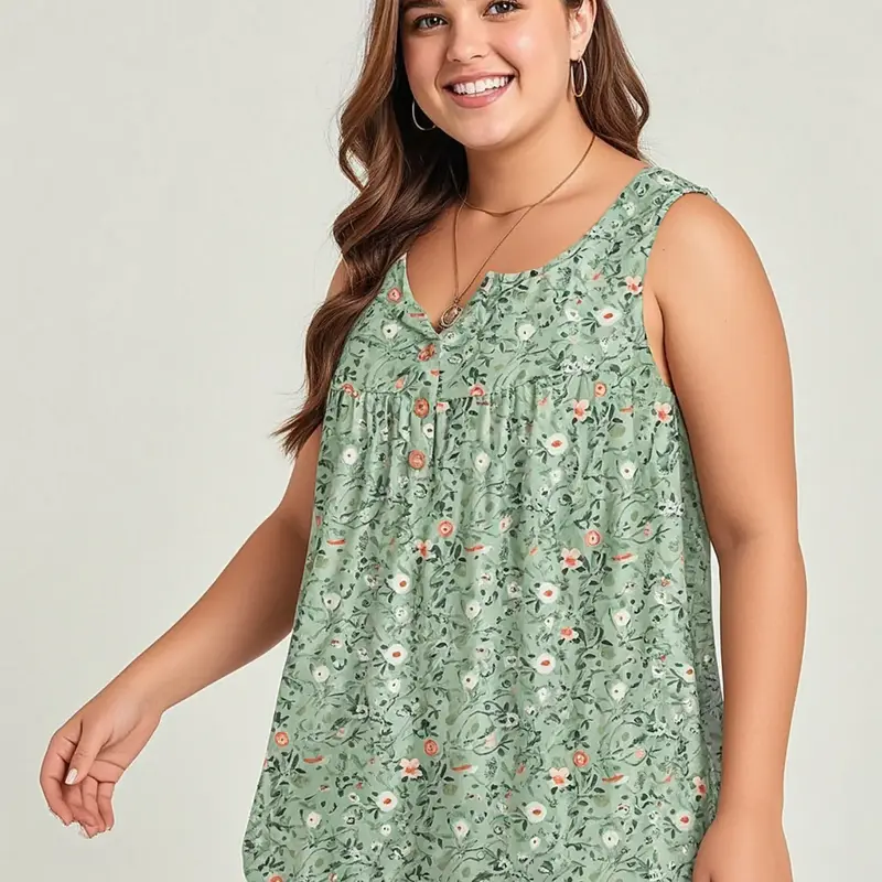 [Plus Size] Floral Print Light Knit Fitted Tank Top, Casual Fashion Sleeveless Top for Summer, Women's Plus Clothing for Daily Wear Piece, Breathable Summer Top