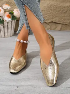 Women's Luxury Metal Finish V-Neck Loafers, Soft Sole Mules, Slip On Shoes for Commuting, Casual Outing, Dating, All Seasons