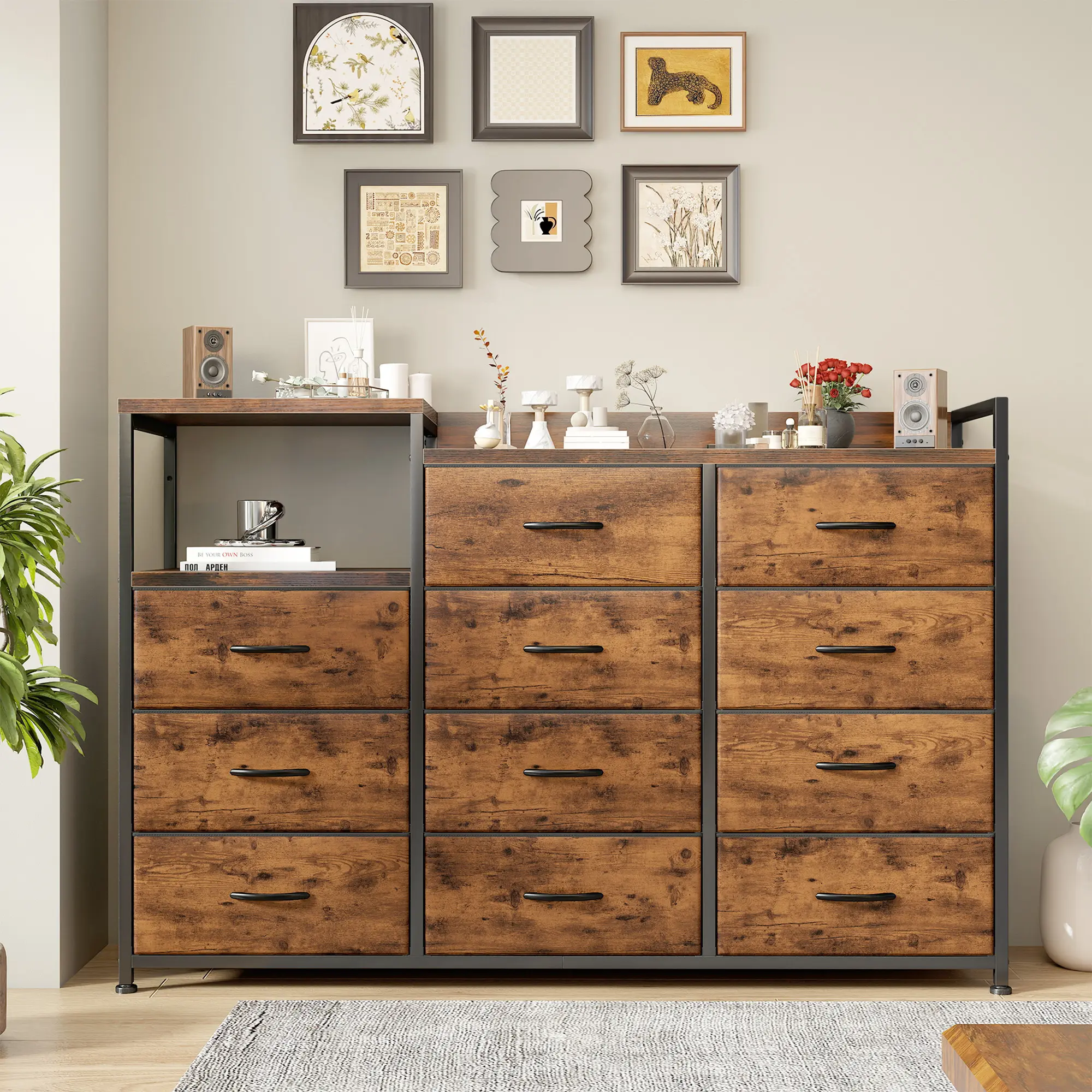 RaybeeFurniture Dresser with 11 Drawers, Wide Dressers & Chests of Drawers, Sturdy Metal Frame & Wood Top,  for Bedroom Living Room Entryway