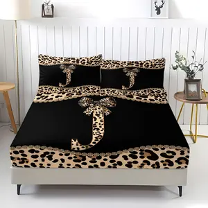 Leopard Print J Q U V W X Y Z Bed Fitted Sheet Set, Base with Leopard Letters & Bowknots, Soft Breathable Fabric, Non-Slip, Ideal for Trendy Bedrooms, Leopard Print Sheets, Bedding Sets