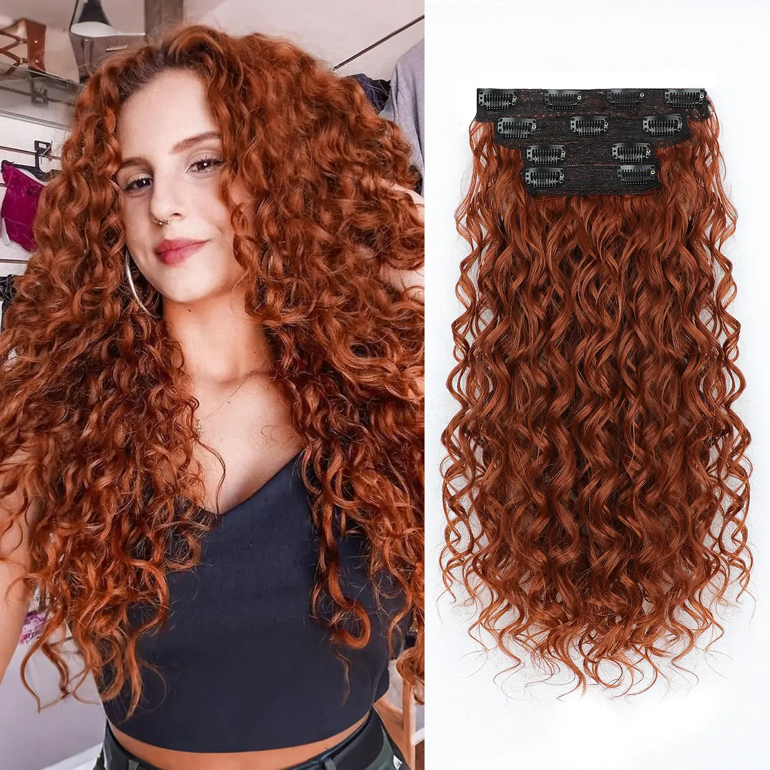 GEEOE Curly Clip In Hair Extensions,4PCS 20 inch Thick Curly Hair Extensions Lace Weft Clip Ins Invisible Natural Synthetic Hairpieces for Women