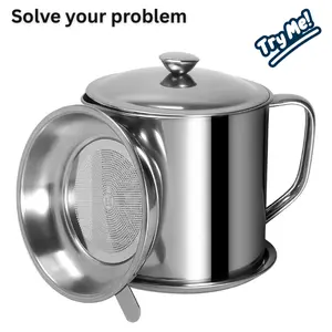 Stainless Steel Bacon Grease Storage Set with Strainer 42oz, Cooking Oil Container with Lid & Handle, Kitchen Frying Oil Keeper for Bacon Fat Storage