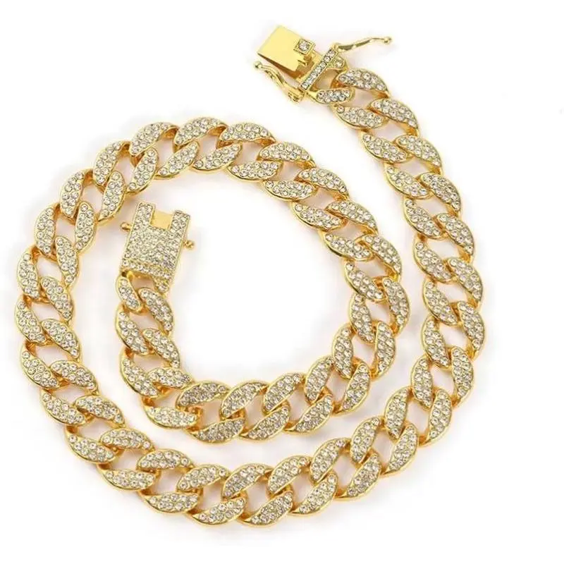 Bling Diamond Crystals Cuban Link Dog Collar - Gold 16'' (Max Neck 15''), Zinc Alloy Chain, Lightweight, Portable, Durable, Elegant, Comfortable Pet Neck Accessory, Non-Adjustable, Rust-Resistant, Ideal for Small-Large Dogs, Birthday & Christmas Gift