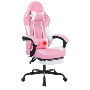 Pink & White Ergonomic Gaming Chair with Massage Lumbar Pillow, Bluetooth Dual Speakers, Latex Cushion & Retractable Footrest – Adjustable Reclining Racing Style Computer Office Chair for Long-Hour Comfort