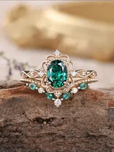 Vintage Elegant Gorgeous Emerald Zircon Rings Set with Green Cubic Zirconia Gemstone Ring for Women Charm Wedding Engagement Ring Teardrop Bridal Rings Bridal Jewelry Christmas Valentine's Day Anniversary Gifts