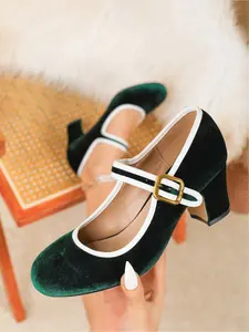 Romantic Wedding Guest Women's Velvet Mary Jane Block Heel Pumps, White Trim & Gold Buckle, Elegant Heels for Garden Wedding, Bridal Shower, Cocktail Party, Formal Events