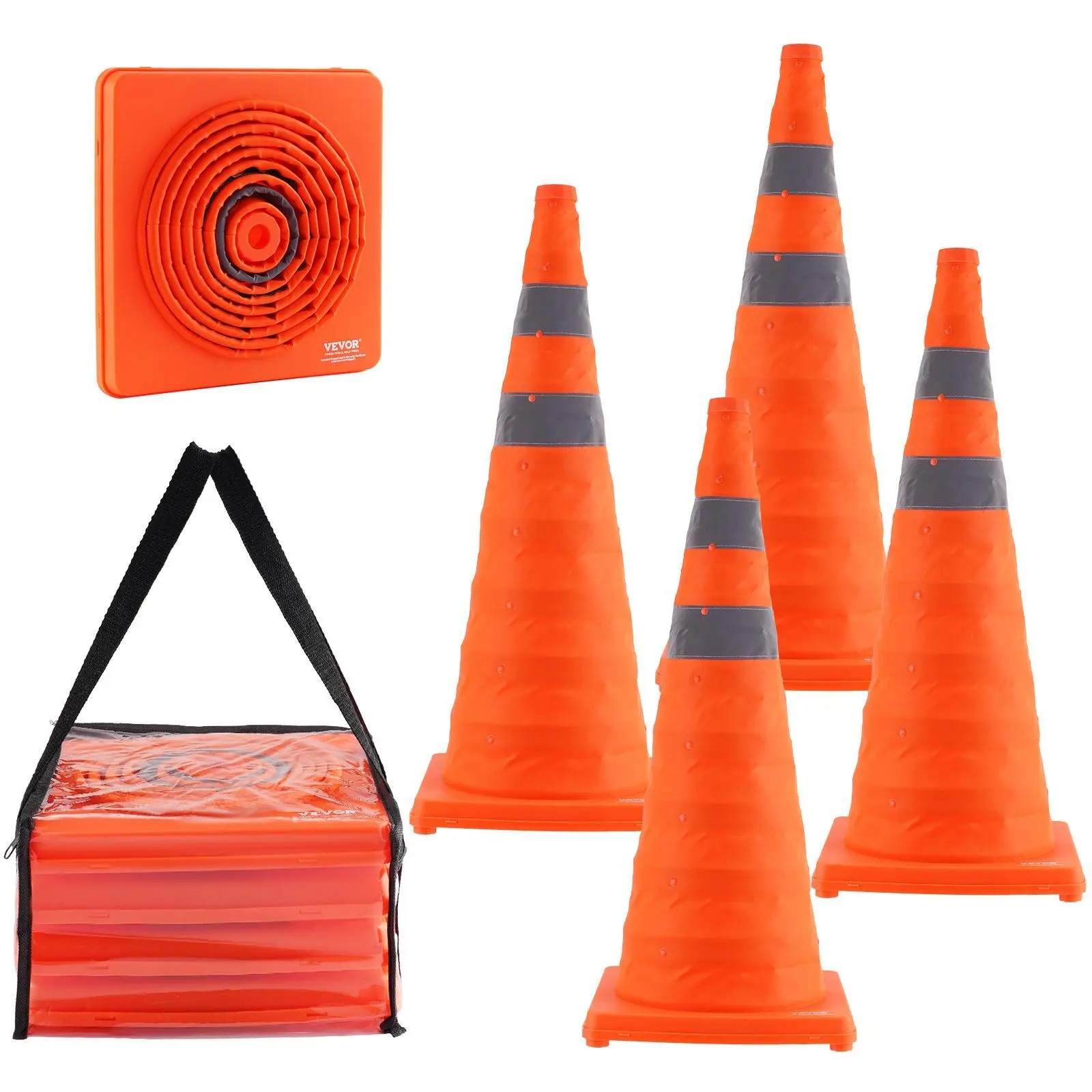 【SummerFinds】VEVOR Safety Cones,  4 Pack 28 inch Collapsible Traffic Cones, Construction Cones with Reflective Collars, Wide Base and A Storage Bag, for Traffic Control, Driving Training, Parking Lots