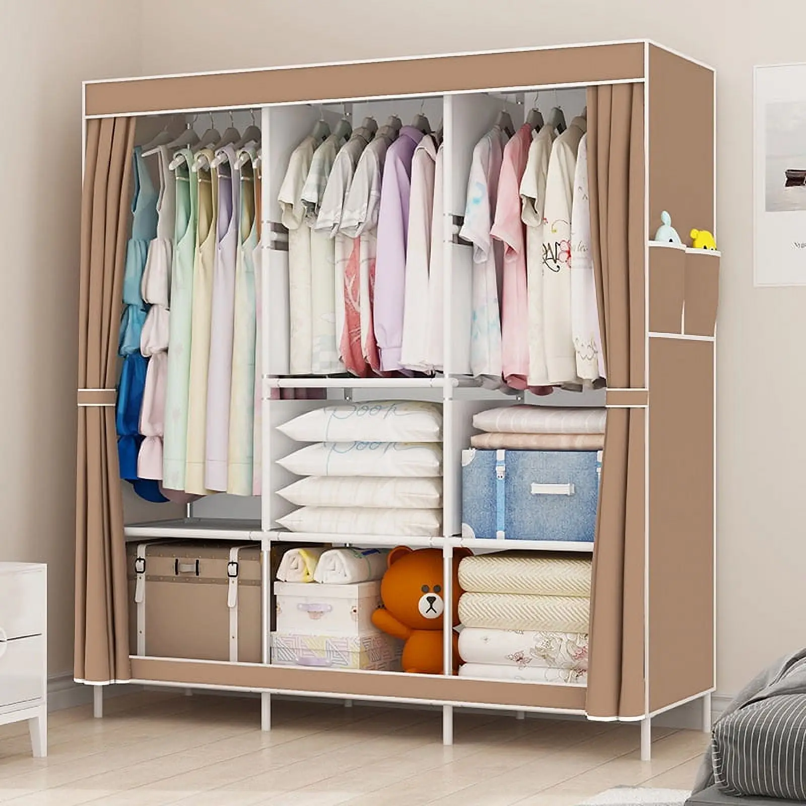 Portable Closet Organizer with 3 Hanging Rod and 7 Shelves, Clothes Storage Wardrobe Cabinet 50x17x67inch