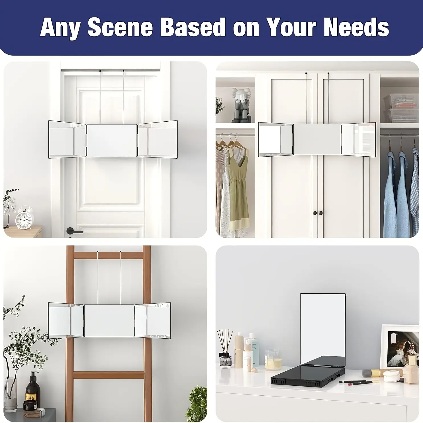3 Way Makeup Mirror For Men & Women - Trifold Self Haircut Mirror, 360° View With Height Adjustable Hooks, Bathroom Mirrors For Shaving, Makeup, Braiding, Hair Dyeing, Bathroom Accessories