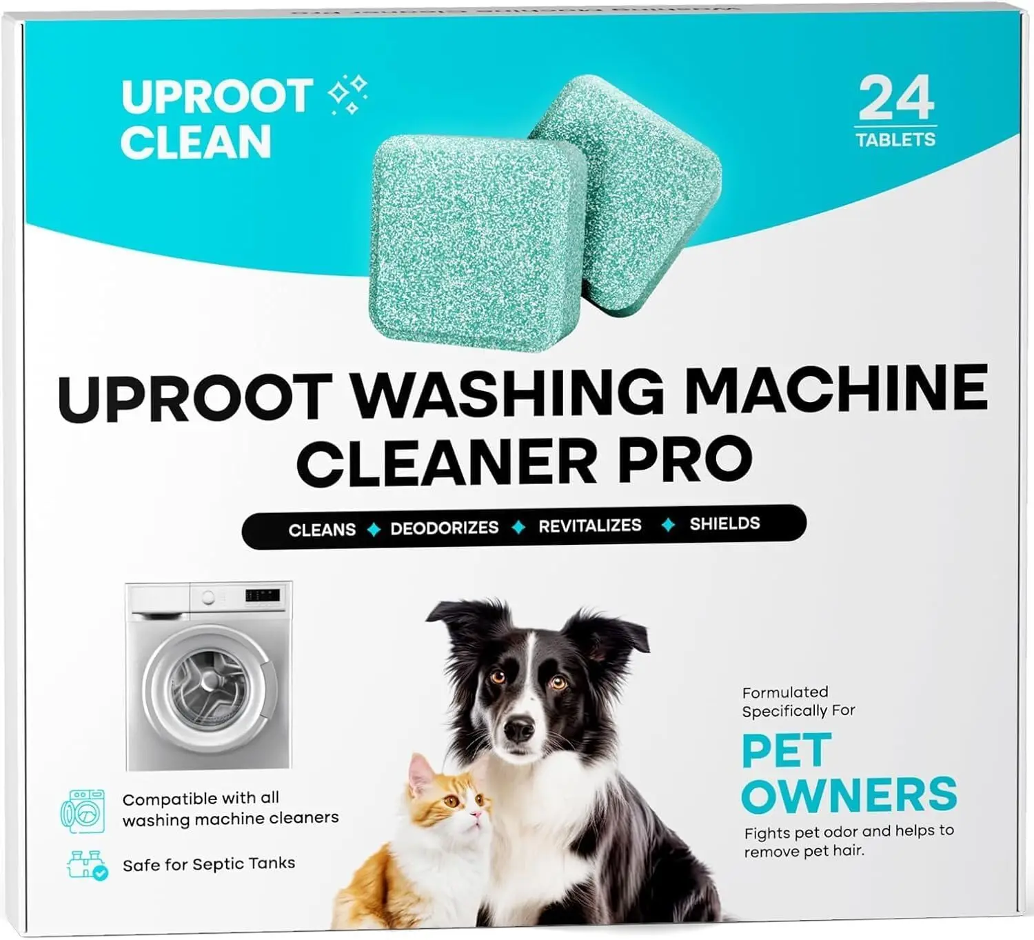Uproot Clean Washing Machine Cleaning Tablets for Pet Owners, 24 Pack | HE/Top/Front Load Compatible, 12 Month Supply, Easily Removes Residue, Grime, and Odors, Formulated for Pet Owners