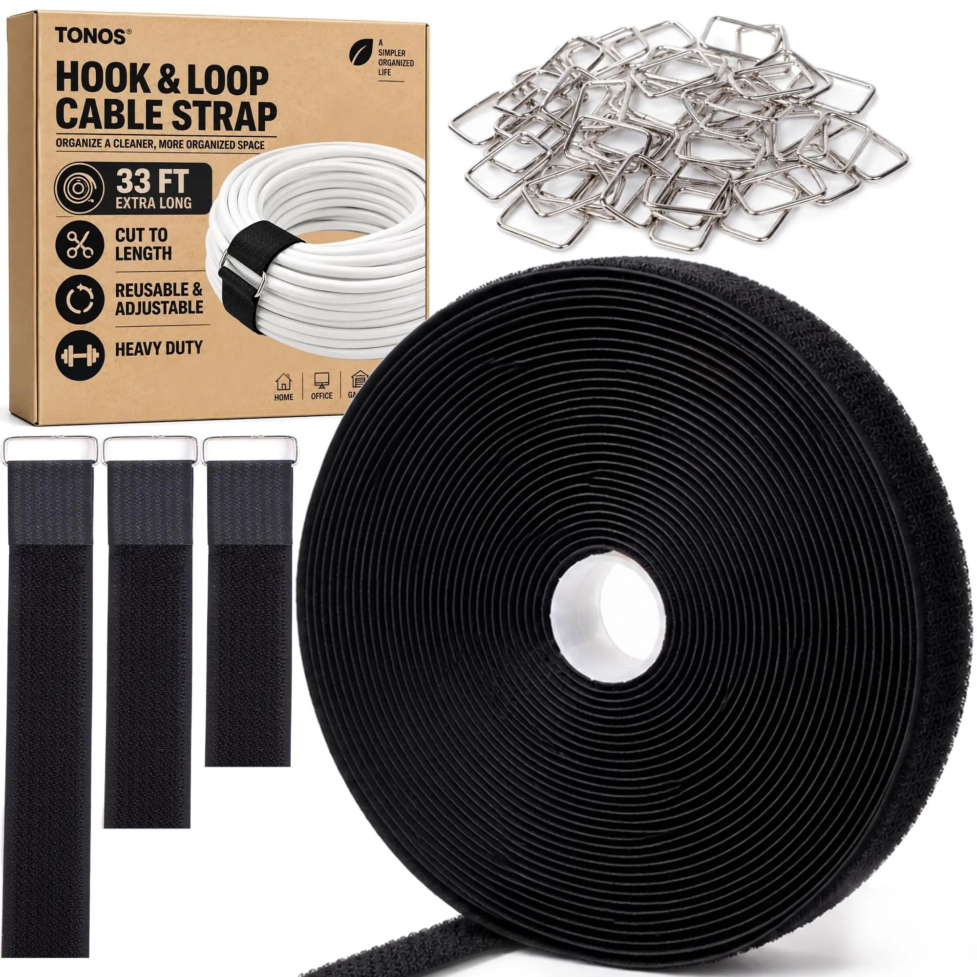 33 Ft x 1" Hook and Loop Straps, Reusable Cable Ties With 50 Metal Buckles