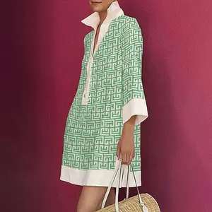 Summer Geometric Print Three-Quarter Sleeve Buttoned Lapel Mini Dress Casual Loose Fit Polyester Cotton Blend
