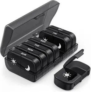 PULIV Extra Large Weekly Pill Organizer - 2 Times a Day, One-Side Open Pill Box, 7-Day Case for Easy Filling, Black Privacy Protection AM/PM Aid Healthcare