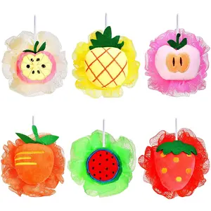 6 Pieces Cute Fruit Bath Shower Sponge Loofahs Mesh Pouf Shower Ball Colorful Cartoon Body Scrubber Balls for Adults Kids