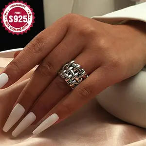 925 Sterling Silver Wide Band Ring, Unisex Fashion, Grid Weave Design, Hypoallergenic, Elegant Style, Perfect for All Occasions, Gift for Her & Him, Anti-Tarnish Box Included, 4.5g