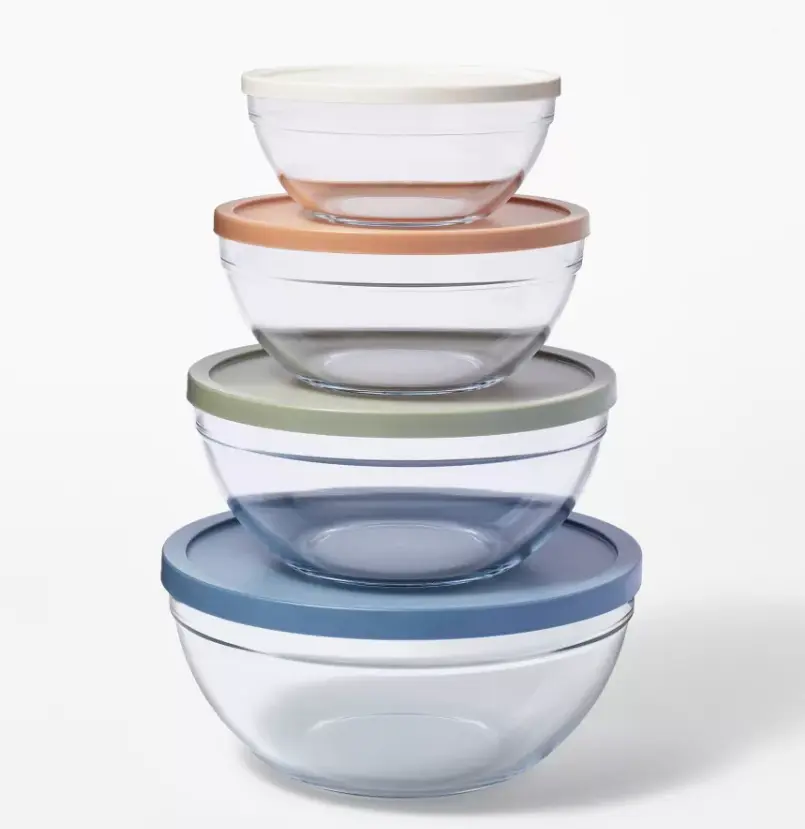 Mixing Bowls Set, Clear Glass 8 Piece (4 Bowls with 4 Lids), Stackable Food Storage Containers, Airtight Lids for Meal Prep, Baking, Kitchen Counter Refrigerator