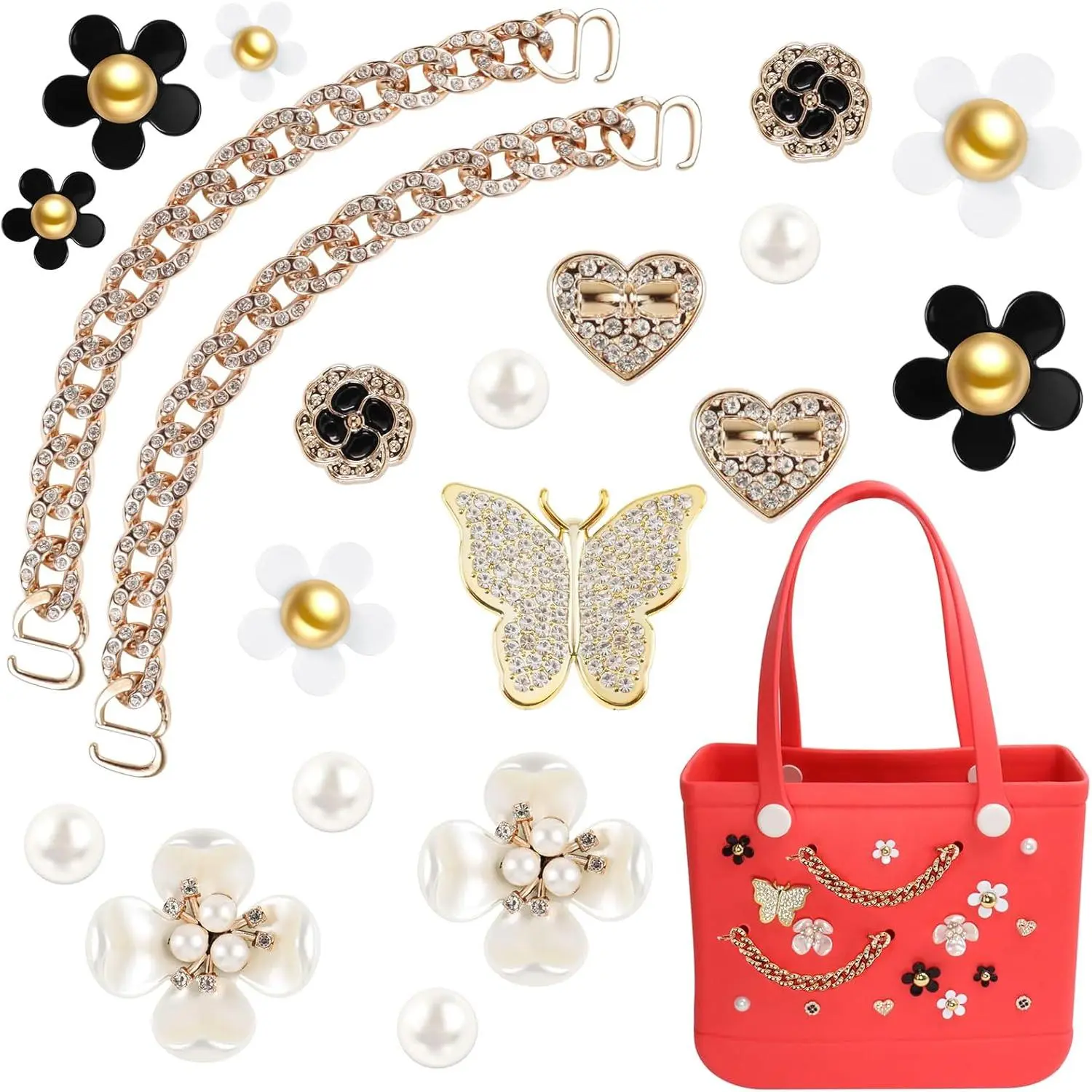 20-Pcs Bag Charm Set, Pearl & Butterfly Flower Bogg Bag Accessories, Compatible with Simply Southern Beach Tote Inserts, Bag Charm Keychain, Backpack Bag Charms