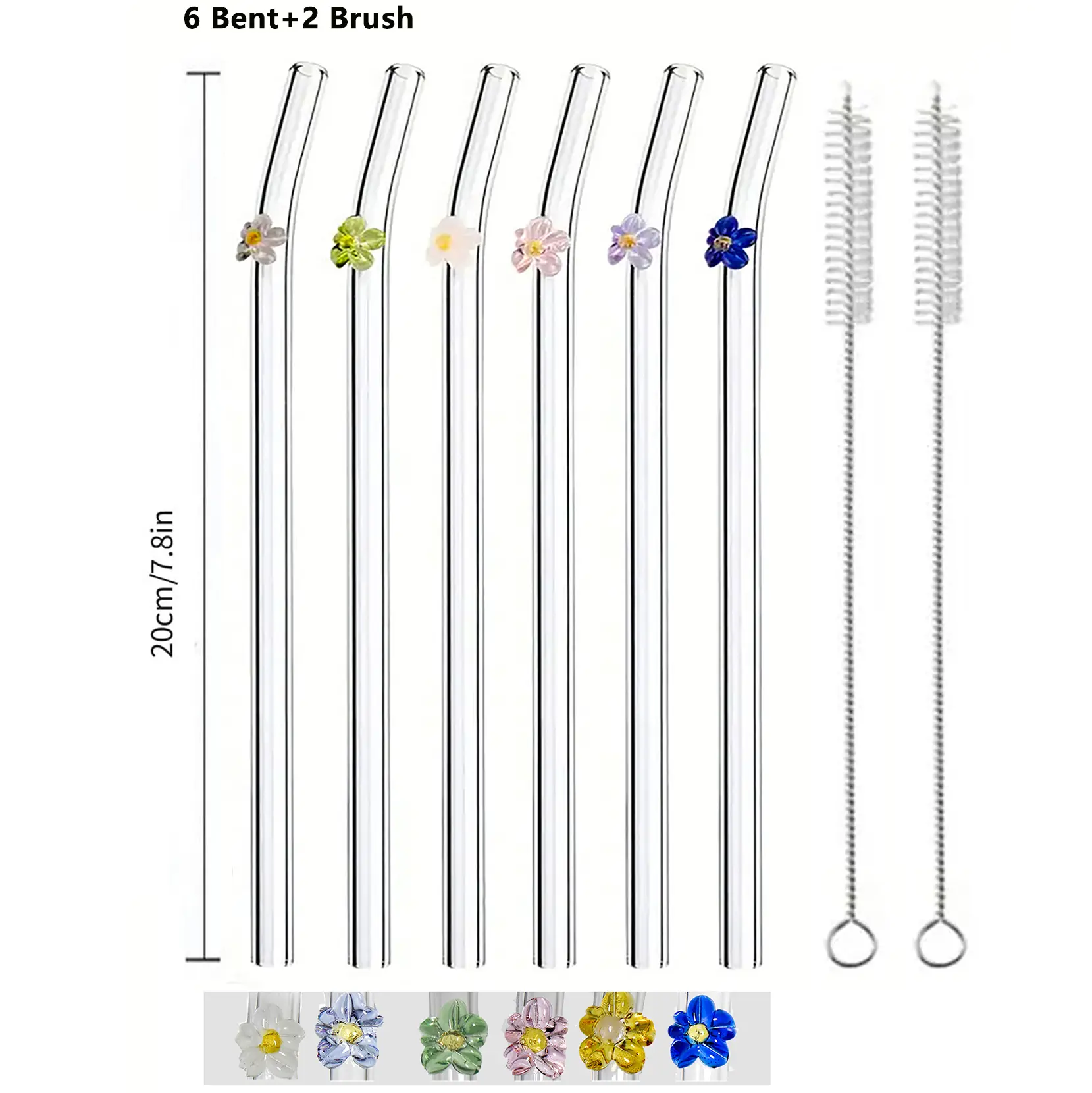 8pcs Reusable Glass Straws Set for Ladies - Colorful Flower Designs, Cleaning Brush Included, Eco-Friendly Drink Accessories for Sustainable Drinking