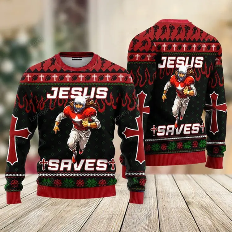 Cool Jesus American Football Team Red Christmas Sweaters For Men & Women