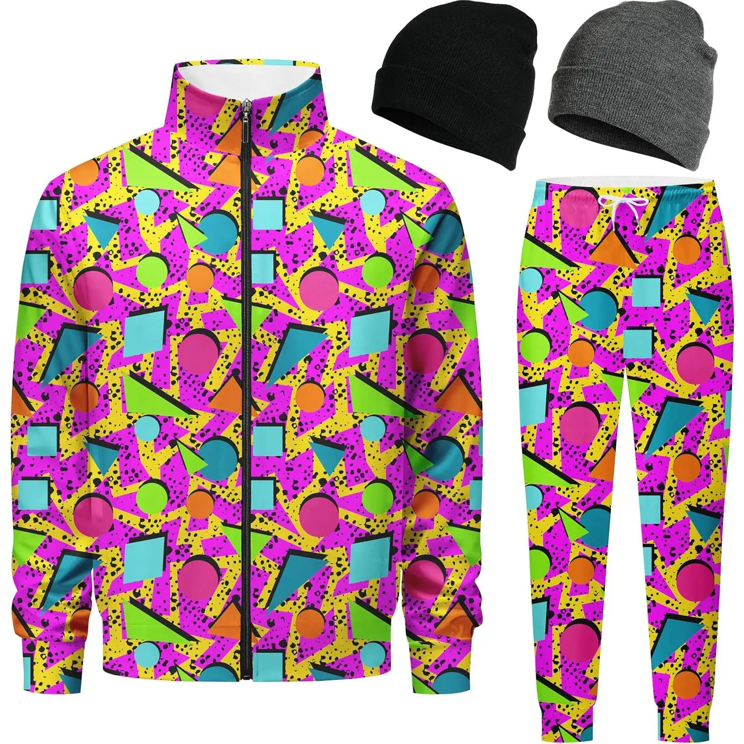 DOOPCCOR Men's 2-Piece 80S 90S Track Suit Set, Zip-Up Casual Jogging Outfit with Long Sleeve Top & Knit Beanie, Breathable Sweatsuit, Check Size Chart, Long Sleeve Tops