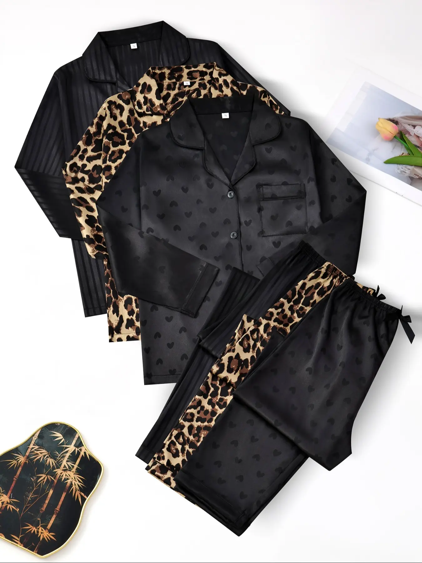 Women's Leopard Print Soft Satin Woven Pajama Set, Heart Jacquard Striped Sleepwear, Casual Chic Fitted Short Sleeve Button Front Top & Elastic Pants, Loungewear Pjs, All Season Loungewear, Casual Loungewear Sets