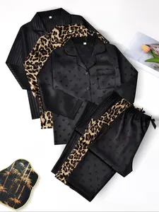 Women's Leopard Print Satin Pajama Set, Heart Jacquard Striped Sleepwear, Casual Fitted Short Sleeve Button Front Top & Elastic Pants