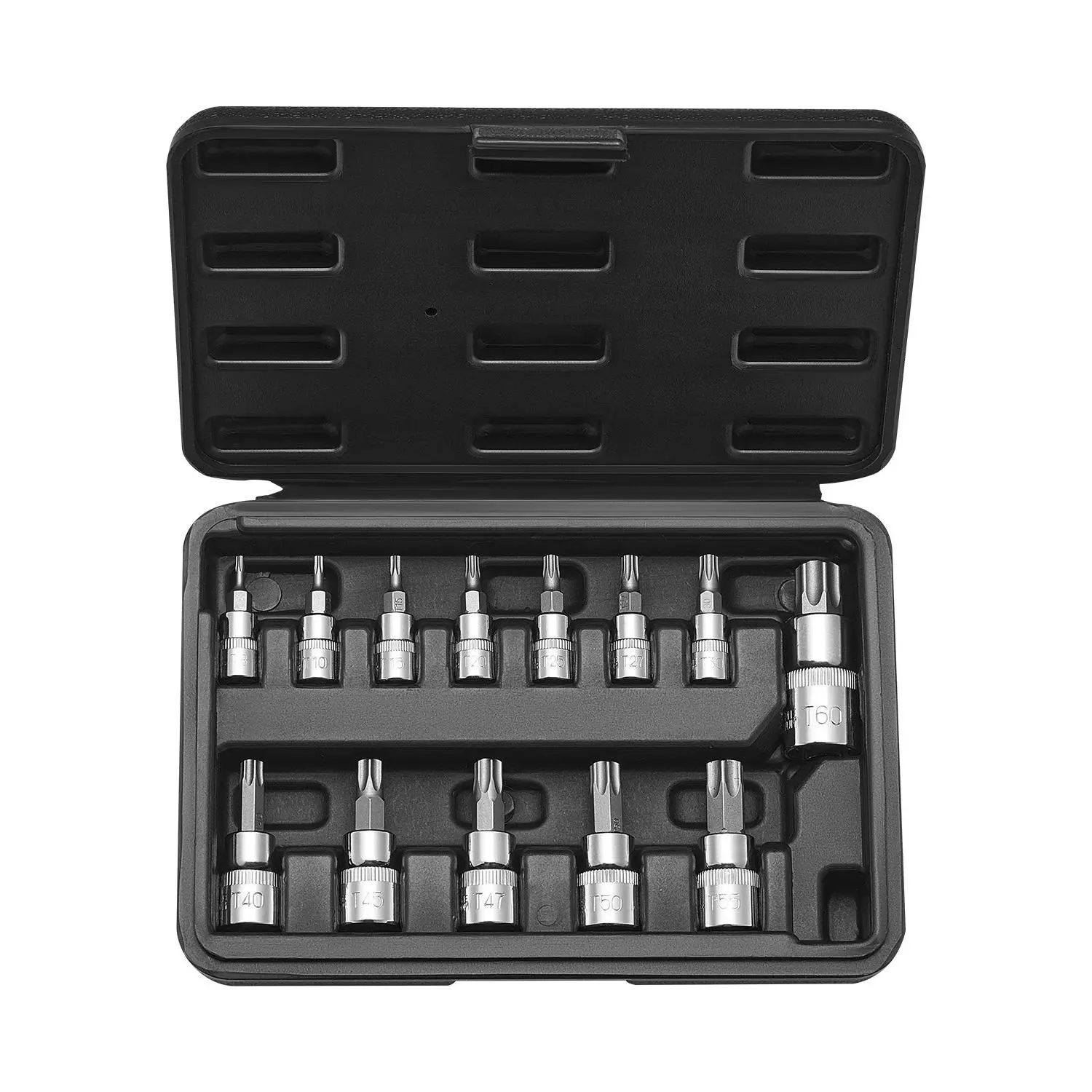 【Father's Day Gift】VEVOR 13-Piece Multi-Size Star Torx Bit Socket Set (T8-T60), S2 Alloy & Cr-V Metal Steel, 1/4-3/8-1/2 in Drives, Drop-Resistant PE Case, 1.23 Lbs / 0.56 Kg Durable Auto Repair Tools, Distinct Markings, S2 & Cr-V Steel Build, for Mechani