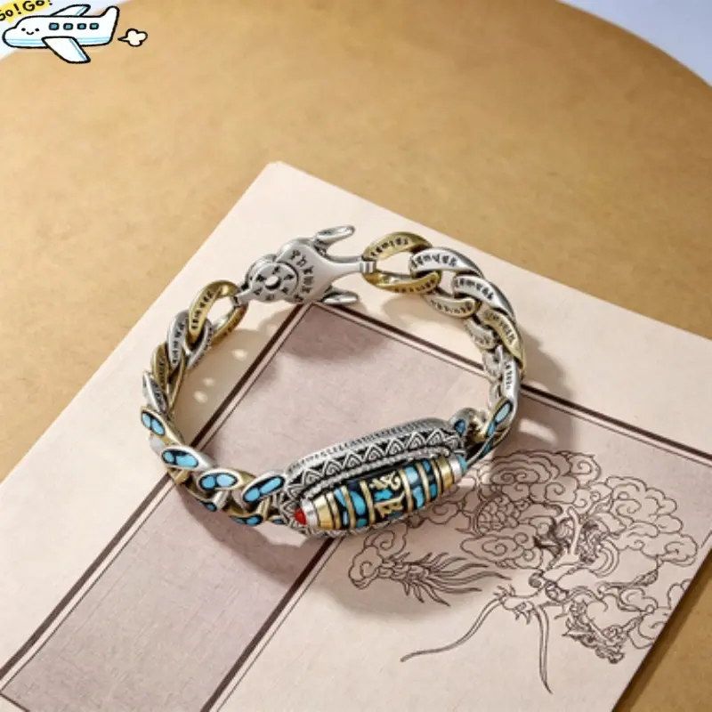 Bracelet, Tibetan Style Nine Eyed Dzi Bead Jewelry With Six Syllable Mantra And Turquoise Inlay, Spiritual Meditation Amulet Available As Bracelet Or Anklet for Everyday Daily Wear