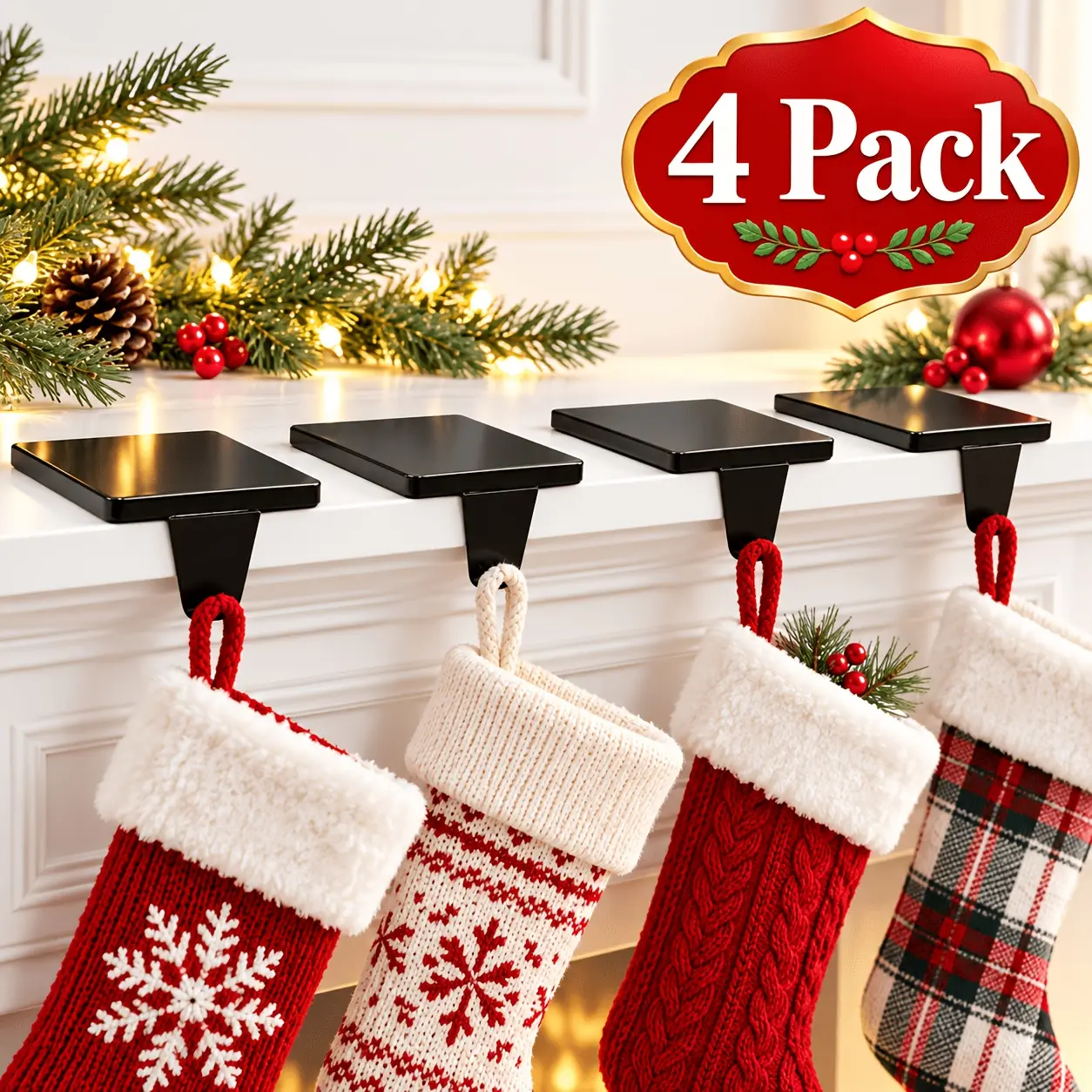 4-Piece Metallic Gold & Black Matte Iron Stocking Holder Set - Heavy-Duty Weighted Hooks with Non-Slip Rubber Pads, Low-Profile Traditional Ornaments for Fireplace & Tabletop, Home Organizer Hooks