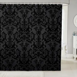 Feelyou Adults' Gothic Damask Print Waterproof Shower Curtain Set - Antique Victorian Baroque Curtains, Black Grey Greenish Vintage Floral Artificial Fabric Bathroom Accessory, Bathtub-Fit with C-Hooks, Washable