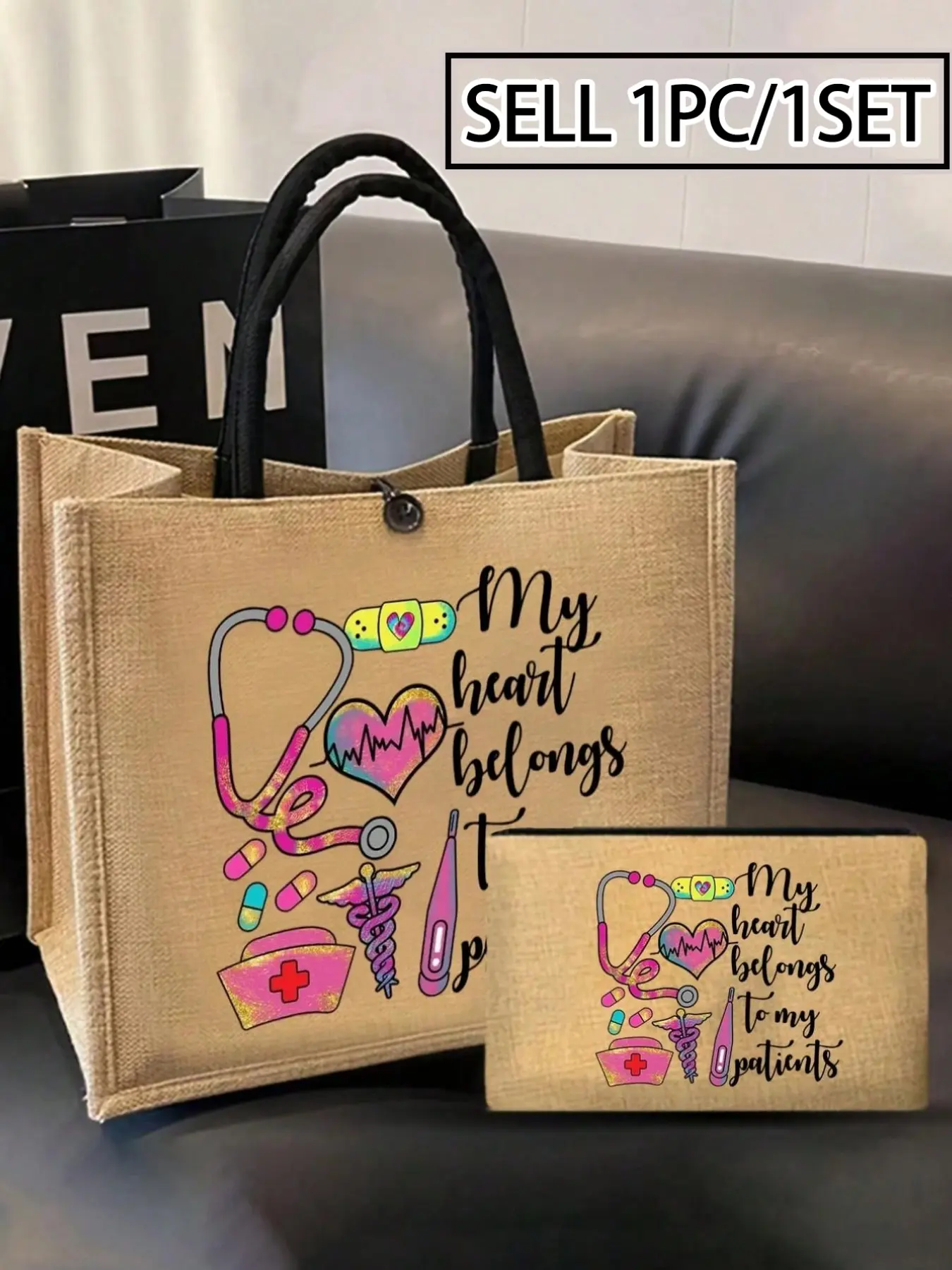 Nurse Theme Handbag and Makeup Bag Set, Casual Style Tote Bag, Featuring Stethoscope Heart Syringe Thermometer Designs, Portable Carryall, Cosmetic Bag Set