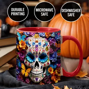 Beautiful Skull Coffee Mug - Floral Skull Print Design Flowers And Butterflies Skull - SKL6424 Ceramic Drinkware accent mug