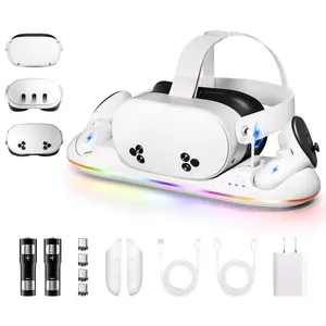 Charging Dock for Meta Quest 3/3S- Fast Charging Station Compatible with Oculus Quest 2/3/3S-VR Charging Accessories with RGB Light- Magnetic Charging Stand for Controller- 2 Rechargeable Batteries Wearable Smartphone
