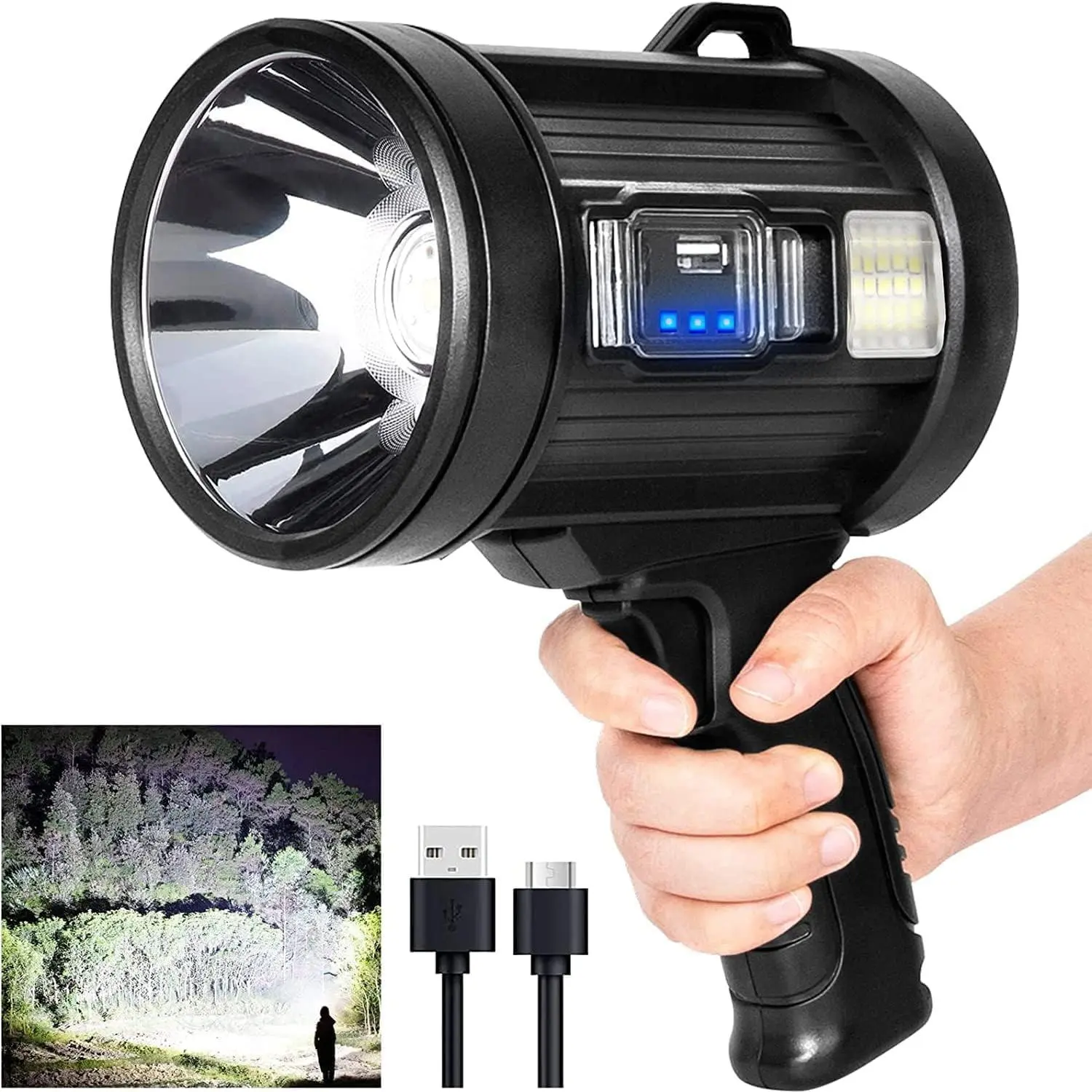 Rechargeable Spotlight, 90,000 Flashlight Led Spot Light with Light and Solar Panels, Lightweight and Super Bright Spotlight for Hunting Boating Camping