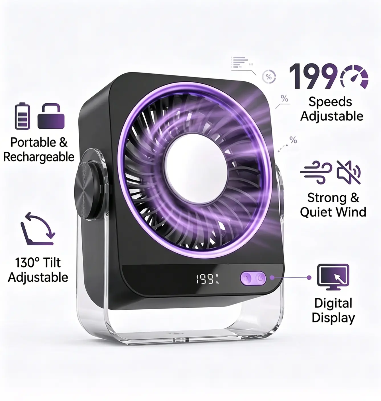 Portable USB Fan with 199 Adjustable Speeds, Battery Powered Desk Fan with LED Display, Quiet Cooling Fan for Camping Travel Dorm