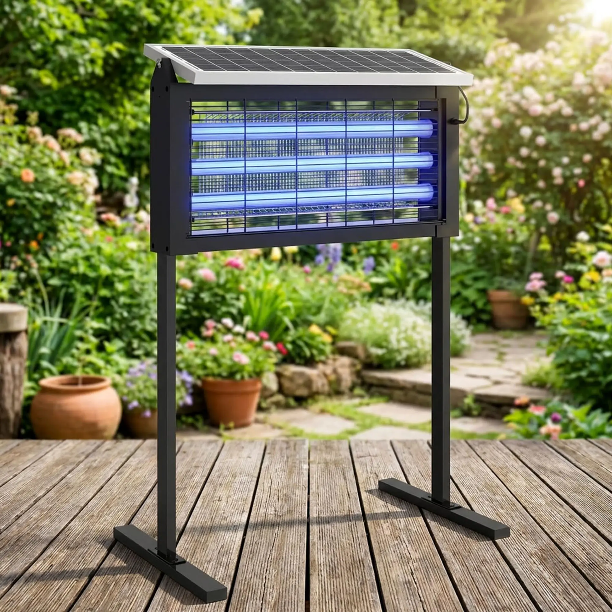 Solar Powered Cordless Mosquito Light Trap - Waterproof Electronic Insect Control Device with Solar Panel Sensor, 3 Bright LED Tubes, Auto On/Off, Ideal for Home, Porch, Garden