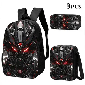 3pcs Mech Backpack, Shoulder Bag,  Black-Red Cyber Design for Tech Enthusiasts; Ideal for Commute, Travel, Daily Use