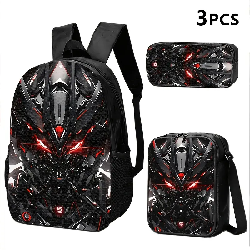 3PCS Cyberpunk Mecha Robot Eyes Print Backpack Set Pack for Teens, Water-Resistant School Bag with Zipper + Lunch Box + Pencil Case, Lightweight, 15-in Laptop Fit, Breathable Straps, Black & Red Futuristic School Supplies, Oxford Cloth, Mecha Head