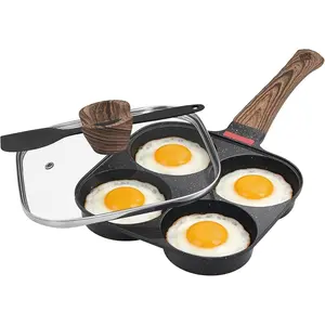 Nonstick 4-Cup Egg Pan With Lid, Black Aluminum Non-Stick Frying Pan with Bakelite Handle, Healthy Cookware for Pancake Burger Sandwiches, Suitable for Gas Stove & Induction Cooktop