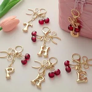 Fashion Alloy 26-Letter Keychain, Bow Cherry Design Keychain for Bags, Girl’s Bag Pendant Accessory